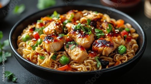 Grilled tofu served on noodles with vegetables and sesame seeds garnished for...