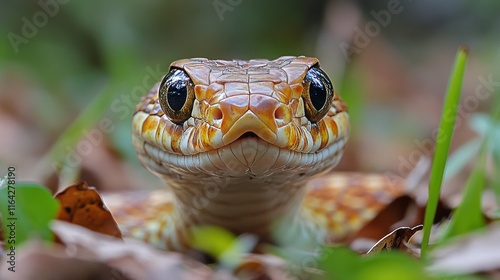 Close-up view of a colorful snake resting among green grass and dried leaves ...