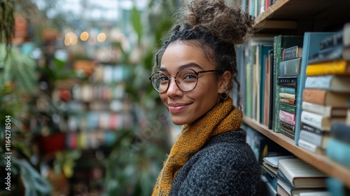 Young woman smiles warmly while standing in a library filled with colorful books