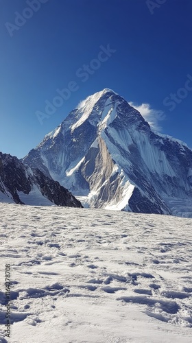 Snow-capped mountain under clear blue sky with golden grass in foreground nea...