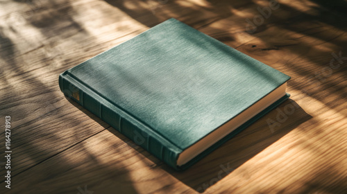 Green hardcover book on sunlit wooden table with shadows photo