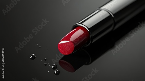 Elegant red lipstick resting on a reflective surface highlighting its vibrant...