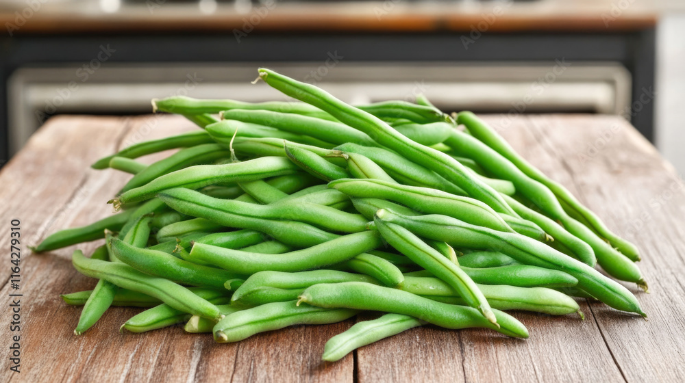 Fresh green beans piled on wooden table Fresh green beans piled on wooden table