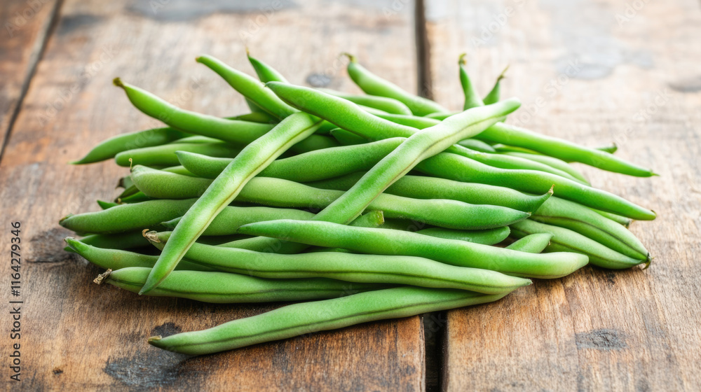 Fresh green beans on rustic wooden table Fresh green beans on rustic wooden table