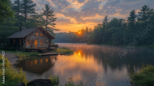Sunset over a tranquil lake surrounded by mountains in a scenic landscape
