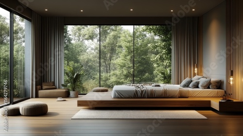 Bright and spacious bedroom with modern decor and large windows in a cozy home