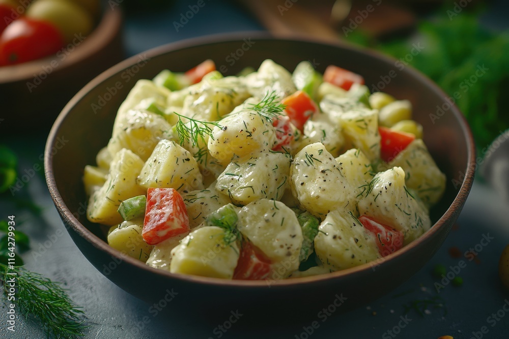 Fresh potato salad with green peppers, tomatoes, and dill in a rustic bowl. Fresh potato salad with green peppers, tomatoes, and dill in a rustic bowl.