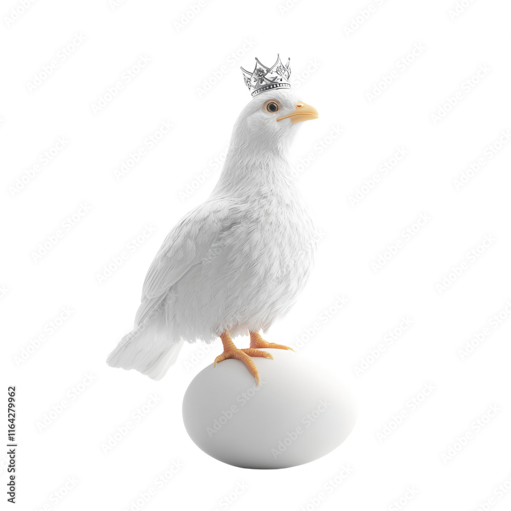 Obraz premium A white bird wearing a crown stands atop a white egg, symbolizing royalty and elegance.