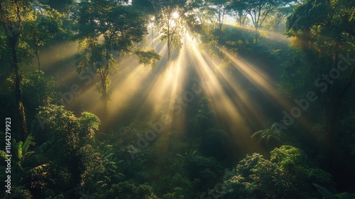 Sunlight filters through trees in a dense forest during early morning hours