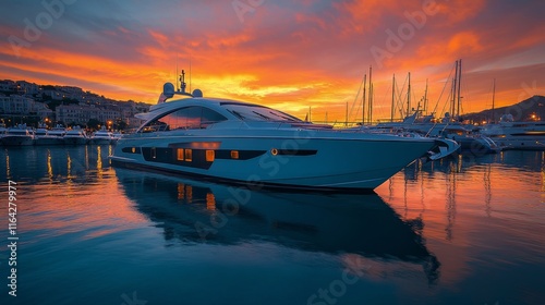 Luxury yacht anchored at sunset in a serene marina
