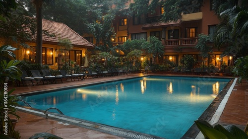 Serene outdoor space featuring a tranquil swimming pool surrounded by lush gr...
