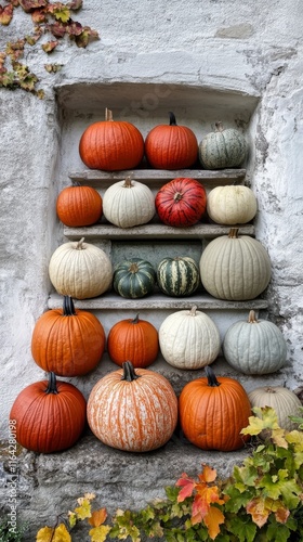 Colorful display of various pumpkins in a rustic setting for autumn decorations