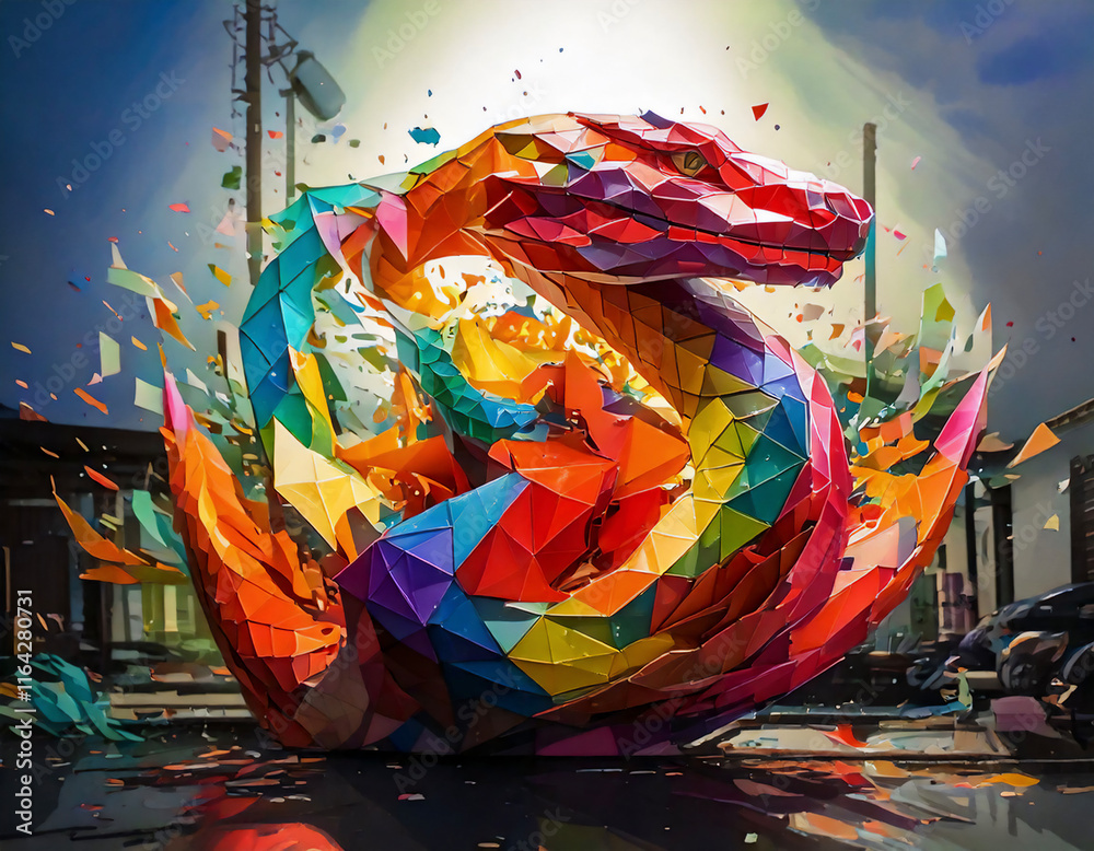 Obraz premium 門松の周りを幾何学的でカラフルな折り紙ヘビが巻きつき、新年の門出を祝う和風のデザイン