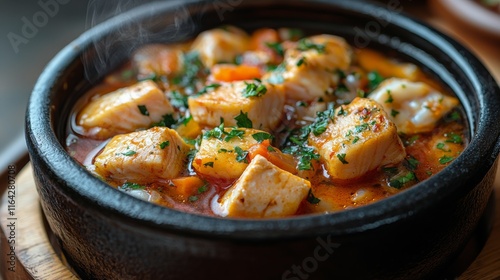 Delicious fish in savory broth served in a traditional bowl with fresh herbs ...