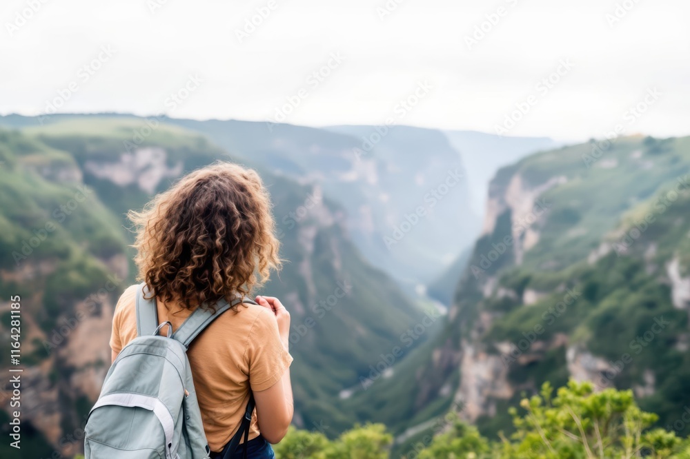 Naklejka premium Back view of female traveler in casual outfit with curly hair standing on green hill and admiring picturesque scenery of canyon on blurred background