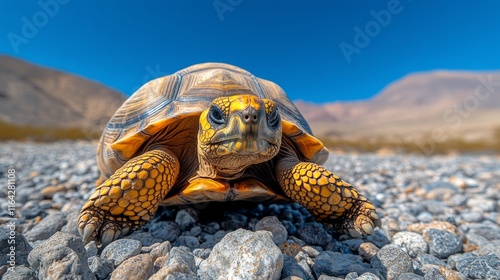 Desert tortoise exploring rocky terrain under a clear blue sky in a remote lo...