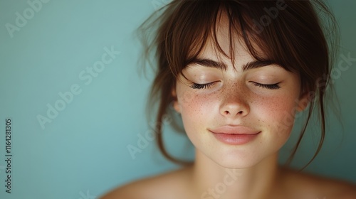 Freckled girl with closed eyes and wavy hair expressing tranquility indoors