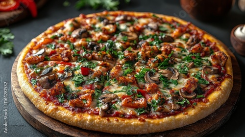 Freshly baked vegetarian pizza topped with mushrooms and fresh herbs on woode...