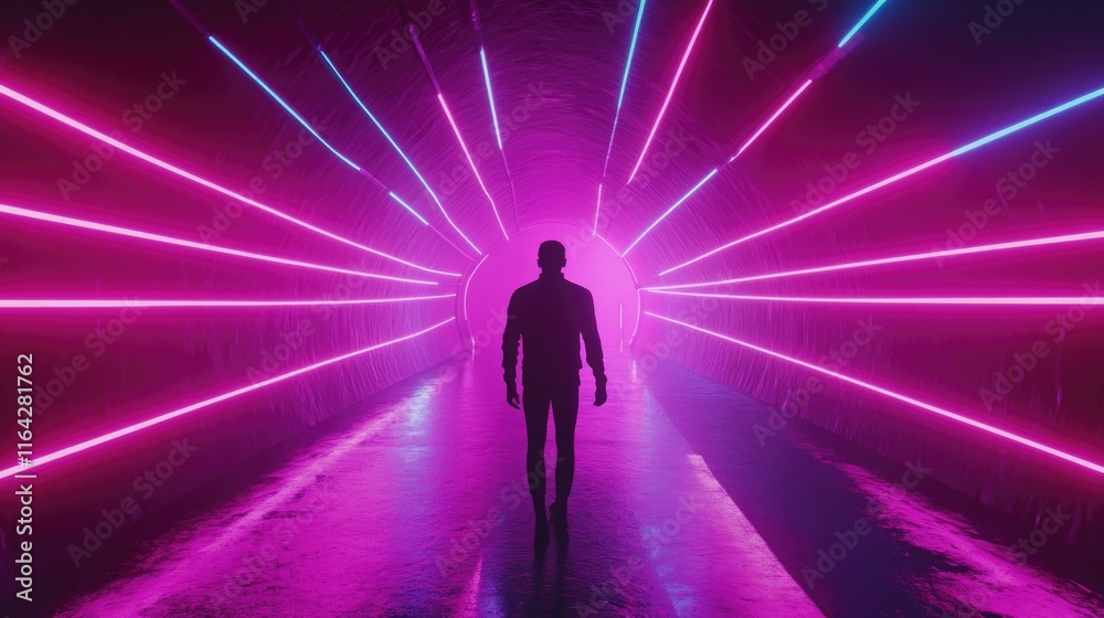 A silhouetted figure walks through a neon-lit tunnel with vibrant pink and blue lights. A silhouetted figure walks through a neon-lit tunnel with vibrant pink and blue lights.