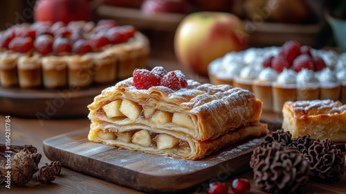 Delicious fruit tarts arranged on a wooden table with fresh berries and cream...