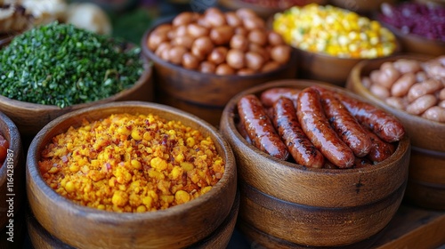 Colorful jars of spices and condiments arranged on a wooden shelf in a market...