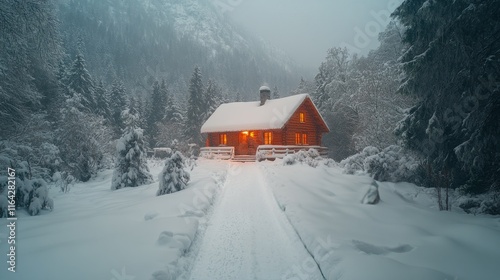 Cozy log cabin surrounded by snow-covered trees on a winter day in a secluded...