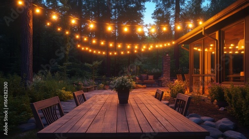 Cozy outdoor dinner setup with string lights illuminating a garden space at t...