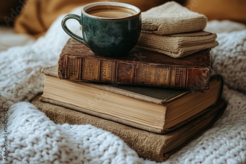 Cozy setting with a floral mug of coffee on top of vintage books during the a...