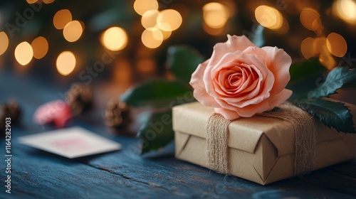 Gift box adorned with a pink rose on a wooden table with festive lights in th...