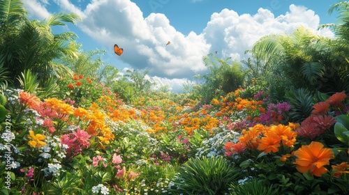 Colorful garden path with vibrant flowers and butterflies in a tropical setting