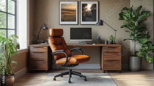 Modern home office with wooden desk and comfortable chair in a cozy room