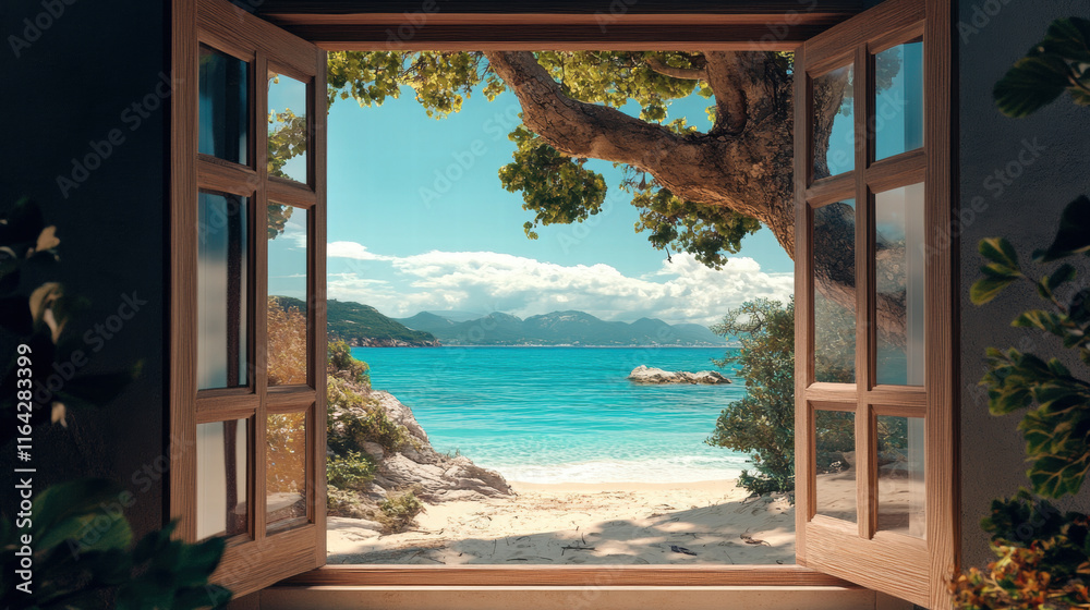 Fototapeta premium Beachfront window view Beach window view ocean view seaside tropical nature landscape scene scenery wallpaper