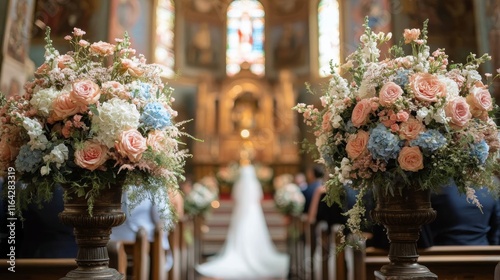 Beautiful floral arrangements in a church during a wedding ceremony in a hist...
