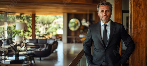 Confident middle-aged Hispanic man in a suit, posed elegantly in a modern living space.