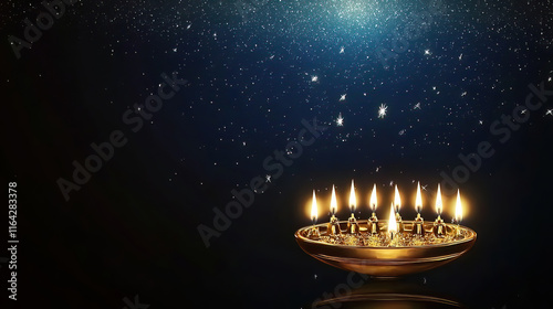 Hanukkah celebrates the miracle with dreidels latkes and community spirit. Elegant oil lamp with lit wicks against a starry night sky photo