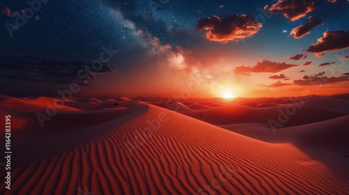 Stunning sunset over a wildflower field under a starry sky in a serene landscape