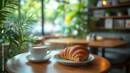 Warm cup of coffee and a freshly baked croissant in a cozy cafe with greenery