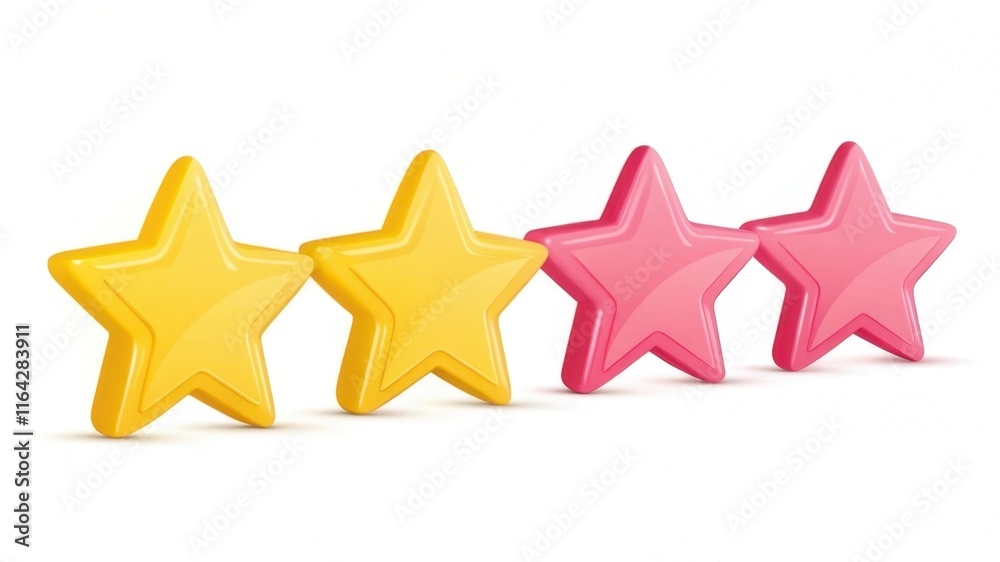 Fototapeta premium Four colorful stars (two yellow, two pink) arranged in a row, symbolizing ratings or achievements.