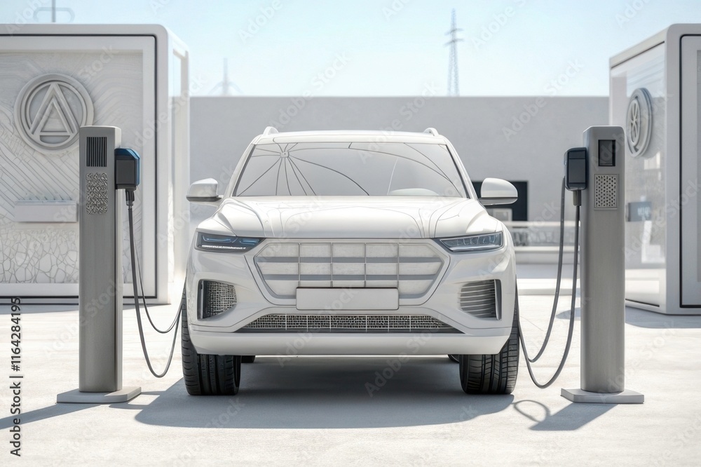 A futuristic electric vehicle charging at a station, showcasing a sleek design and modern infrastructure in a minimalist setting. A futuristic electric vehicle charging at a station, showcasing a sleek design and modern infrastructure in a minimalist setting.