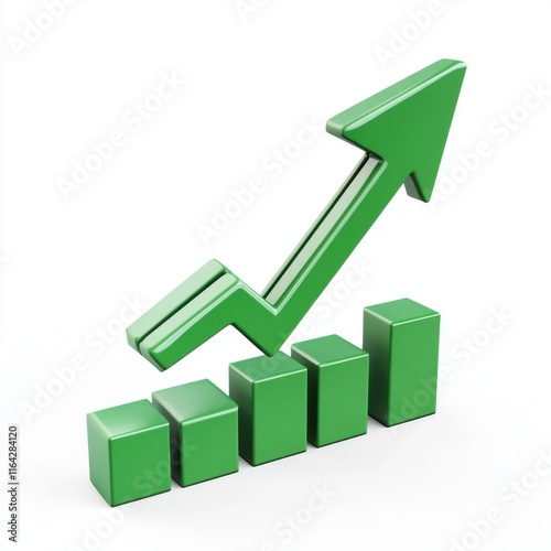 A green upward arrow symbolizes growth, accompanied by ascending blocks representing progress and success.