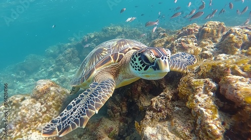 Sea turtle glides gracefully through clear water surrounded by colorful fish ...