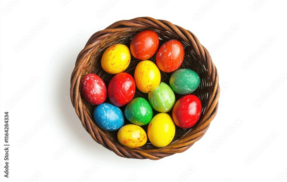 Colorful Easter Eggs in a Woven Basket Displayed Beautifully Against a White Background for Festive Spring Celebrations and Seasonal Decorative Use Colorful Easter Eggs in a Woven Basket Displayed Beautifully Against a White Background for Festive Spring Celebrations and Seasonal Decorative Use