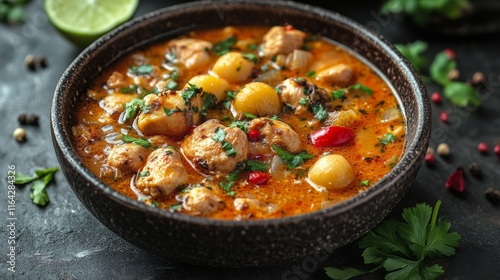 Spicy chicken stew with vegetables served in a rustic bowl on a dark surface