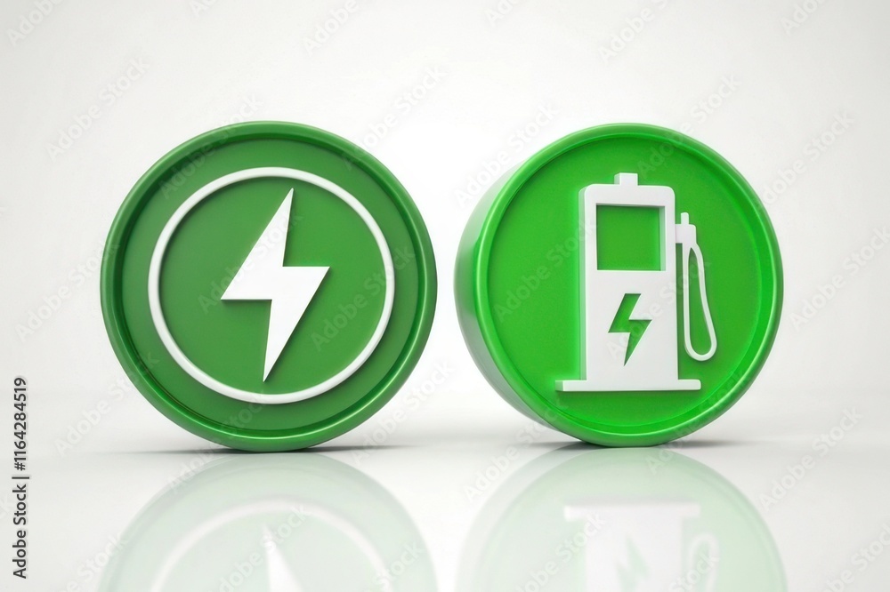 The image features two green circular icons: one with a lightning bolt and the other depicting a fuel pump with a lightning symbol, representing energy sources.