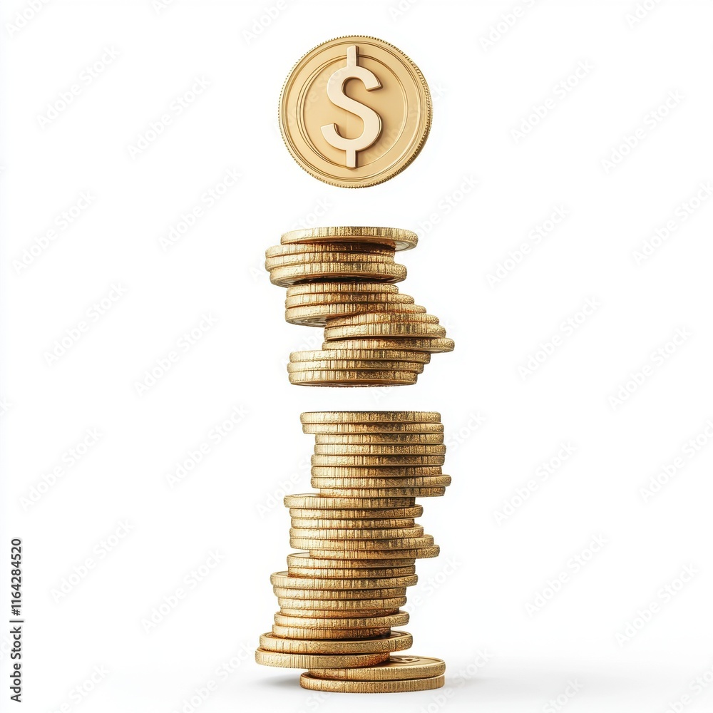 A towering stack of gold coins with a dollar symbol hovering above, representing wealth and financial success. A towering stack of gold coins with a dollar symbol hovering above, representing wealth and financial success.
