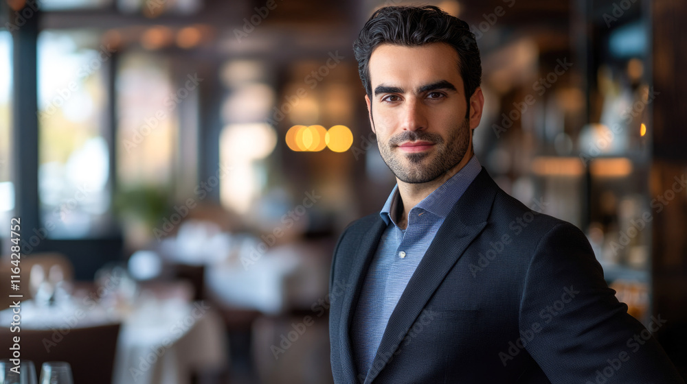 Confident young caucasian male in elegant suit at upscale restaurant Confident young caucasian male in elegant suit at upscale restaurant