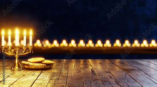 Hanukkah celebrates the miracle with dreidels latkes and community spirit. Elegant Candlelit Table with Cookies and Warm Atmosphere photo