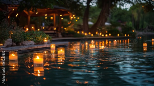 Elegant candles illuminate a serene evening by the tranquil water