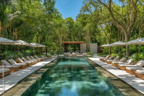 Luxury villa with a serene swimming pool surrounded by lush greenery in a tro...