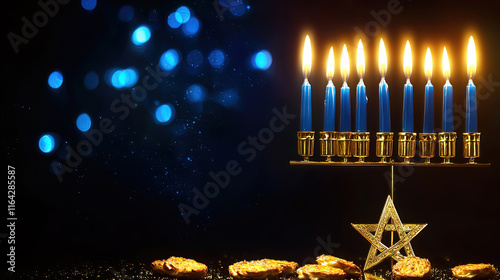 Hanukkah celebrates the miracle with dreidels latkes and community spirit. Hanukkah Menorah with Blue Candles and Festive Background photo